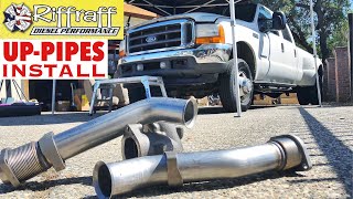 2001 F350 73  RiffRaff UpPipes Install  Stock up pipes leaking and falling apart JUNK SP [upl. by Hcardahs]